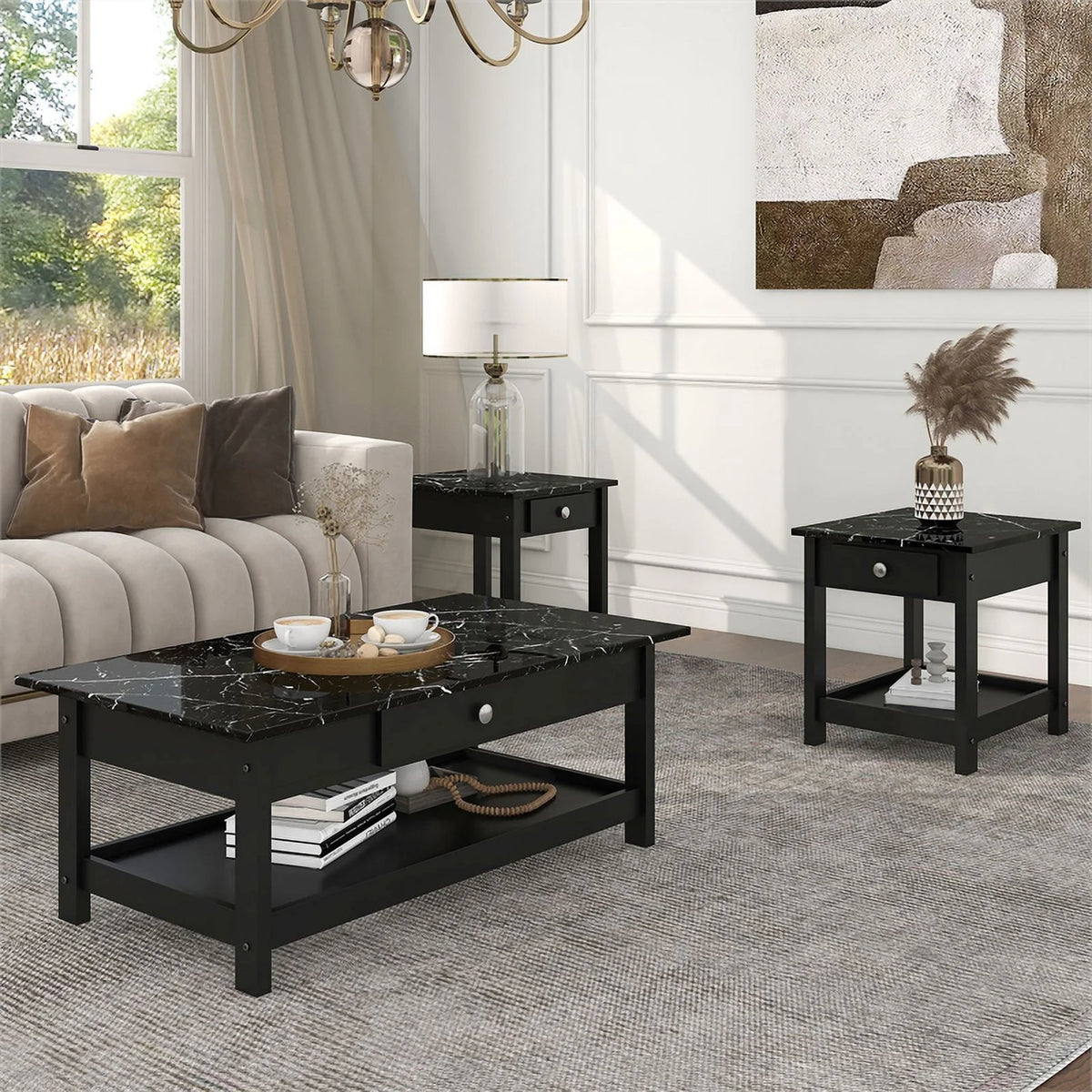 Black Wood 3-Piece Coffee Table Set H44773