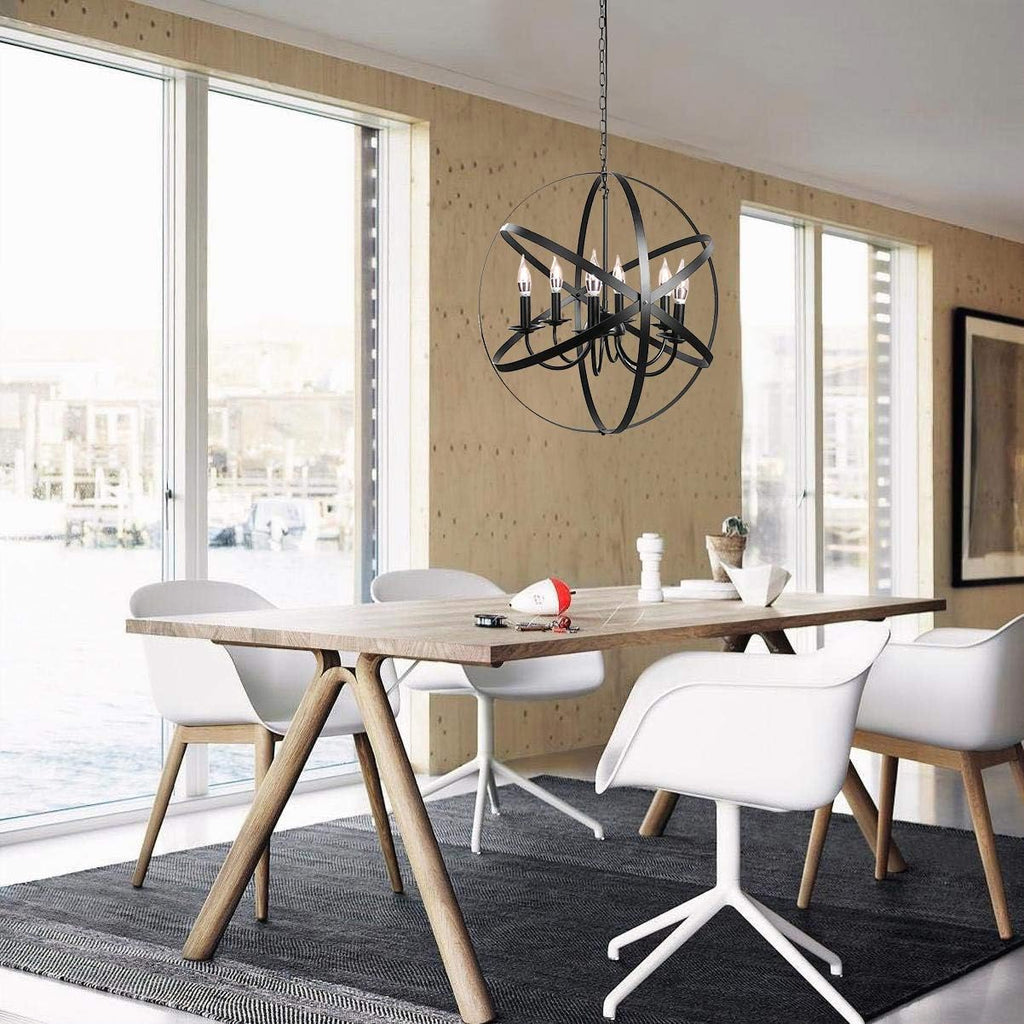Black 6-Light Farmhouse Chandelier with Spherical Shade O438