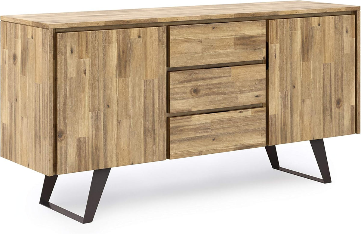 Rustic Natural Aged Brown Solid Acacia Wood and Metal Rectangle Sideboard Buffet with Storage Compartment and 3 Drawers Y9982