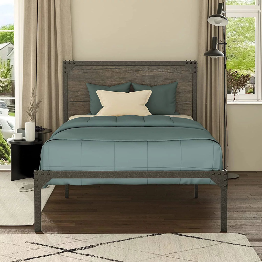 Twin Size Metal Platform Bed Frame with Wood Headboard X160776