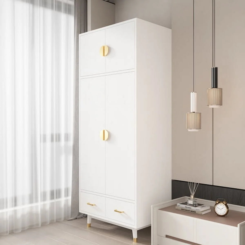4 Door Wood Wardrobe with Clothing Rod and 2 Drawers, White C98267