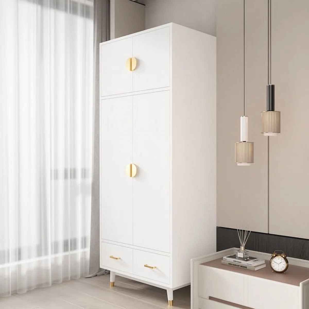 4 Door Wood Wardrobe with Clothing Rod and 2 Drawers, White C98267