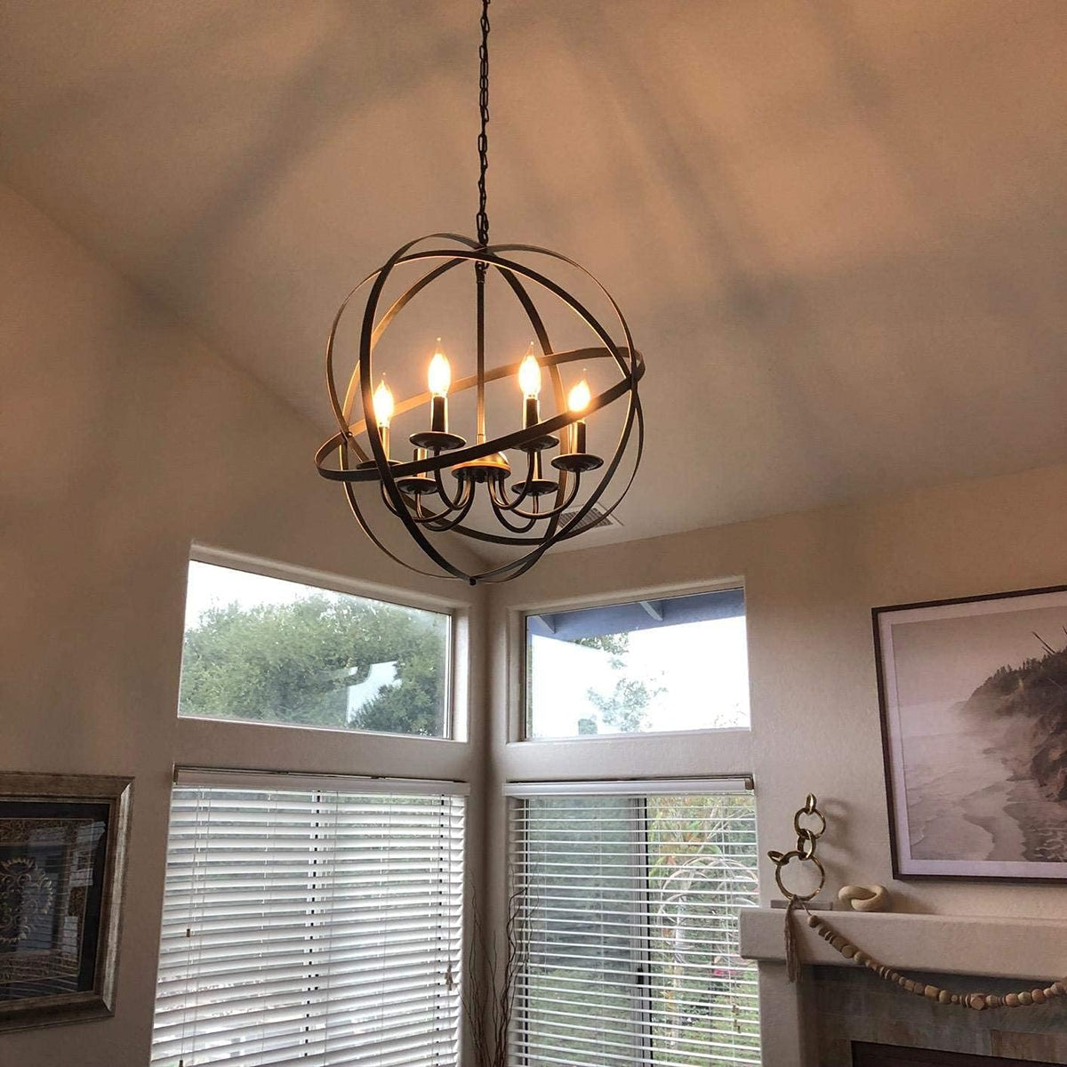 Black 6-Light Farmhouse Chandelier with Spherical Shade O438