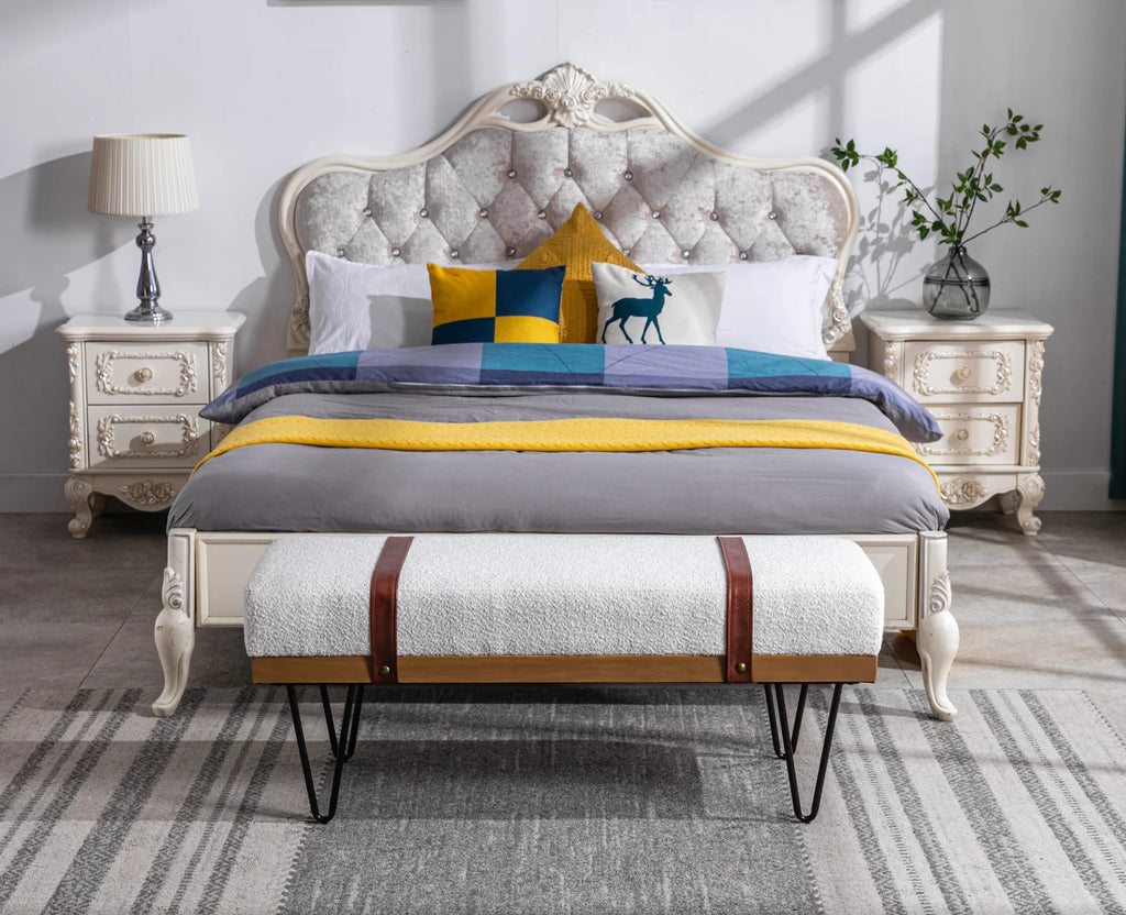 White Faux Fur Upholstered Ottoman Bench with Metal Legs E8972
