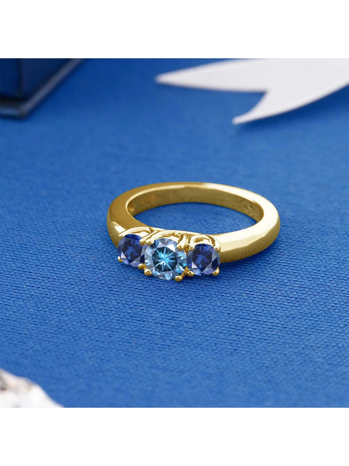 18K Yellow Gold Plated Silver Ring Persian Blue Moissanite Created Sapphire E368392