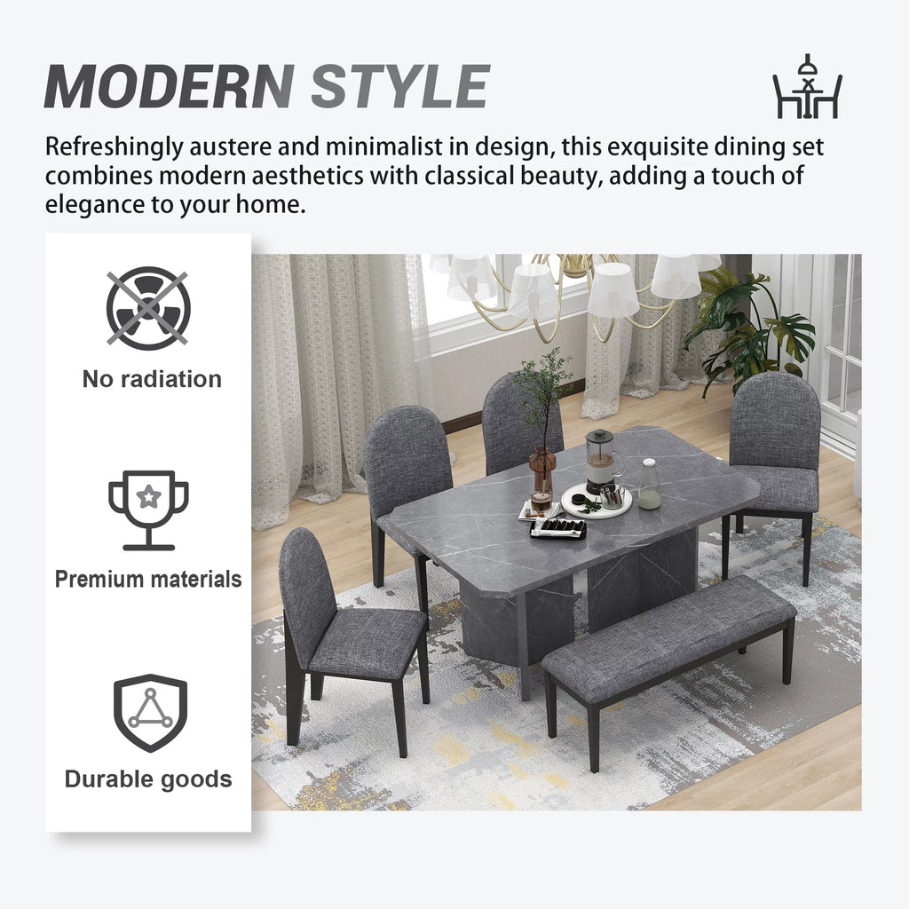 6-Piece Faux Marble Dining Set with 4 Chairs and 1 Bench V966115
