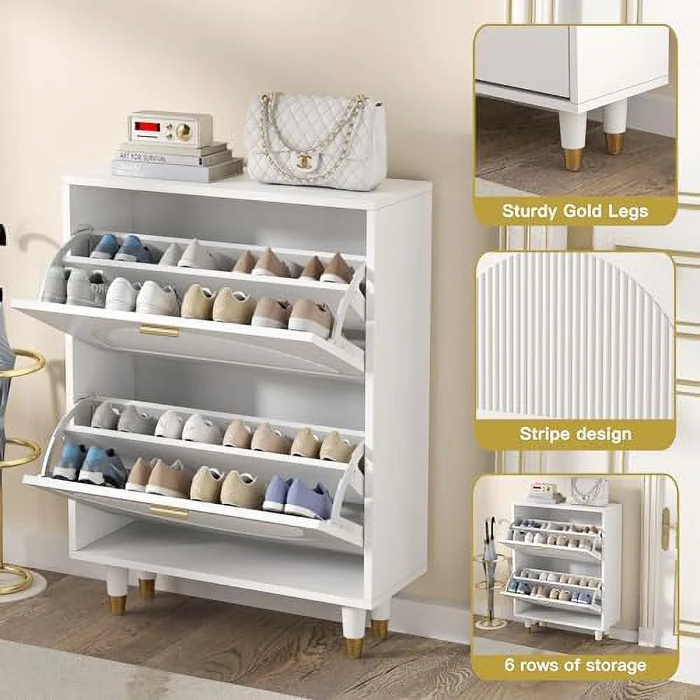 White Slim Narrow Shoe Cabinet with Doors 2 Flip Drawer O43575
