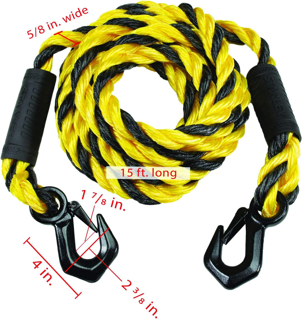 Black/Yellow 5/8" x 15' Poly-Blend Braided Tow Rope with Heavy Duty Tri-Hook F78090