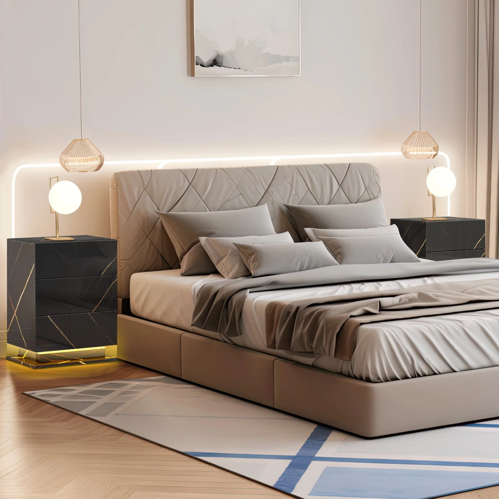 Set of 2 LED Nightstand with Drawer, Marble Black P847087