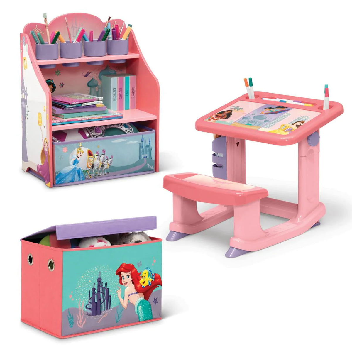 Pink 3-Piece Toddler Art & Play Set with Desk, Storage Station & Toy Box D98906