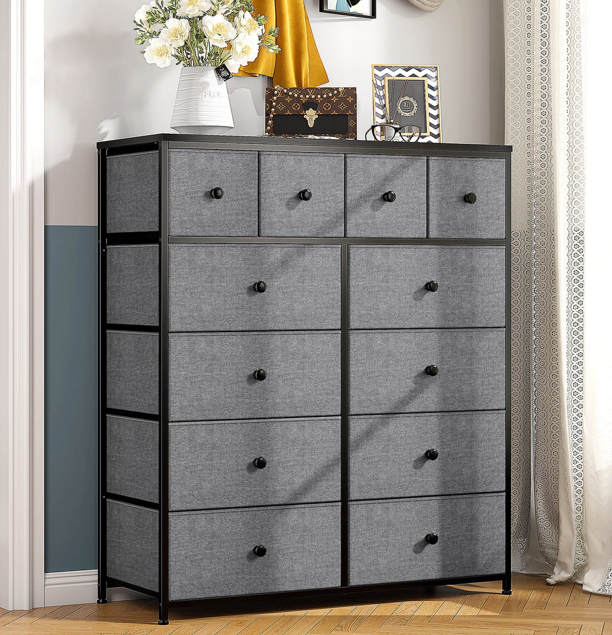 9 Drawer Fabric Dresser with Shelves E853397