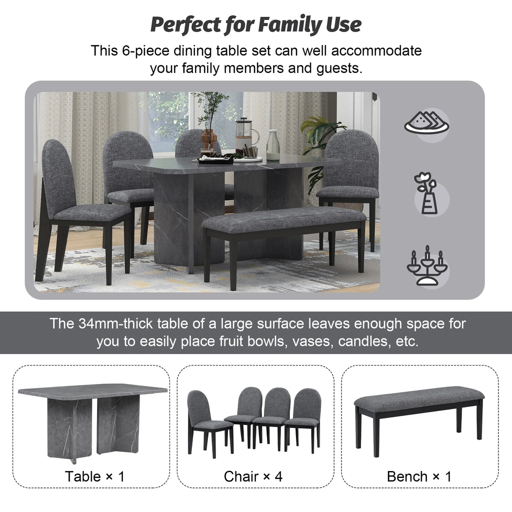 6-Piece Faux Marble Dining Set with 4 Chairs and 1 Bench V966115