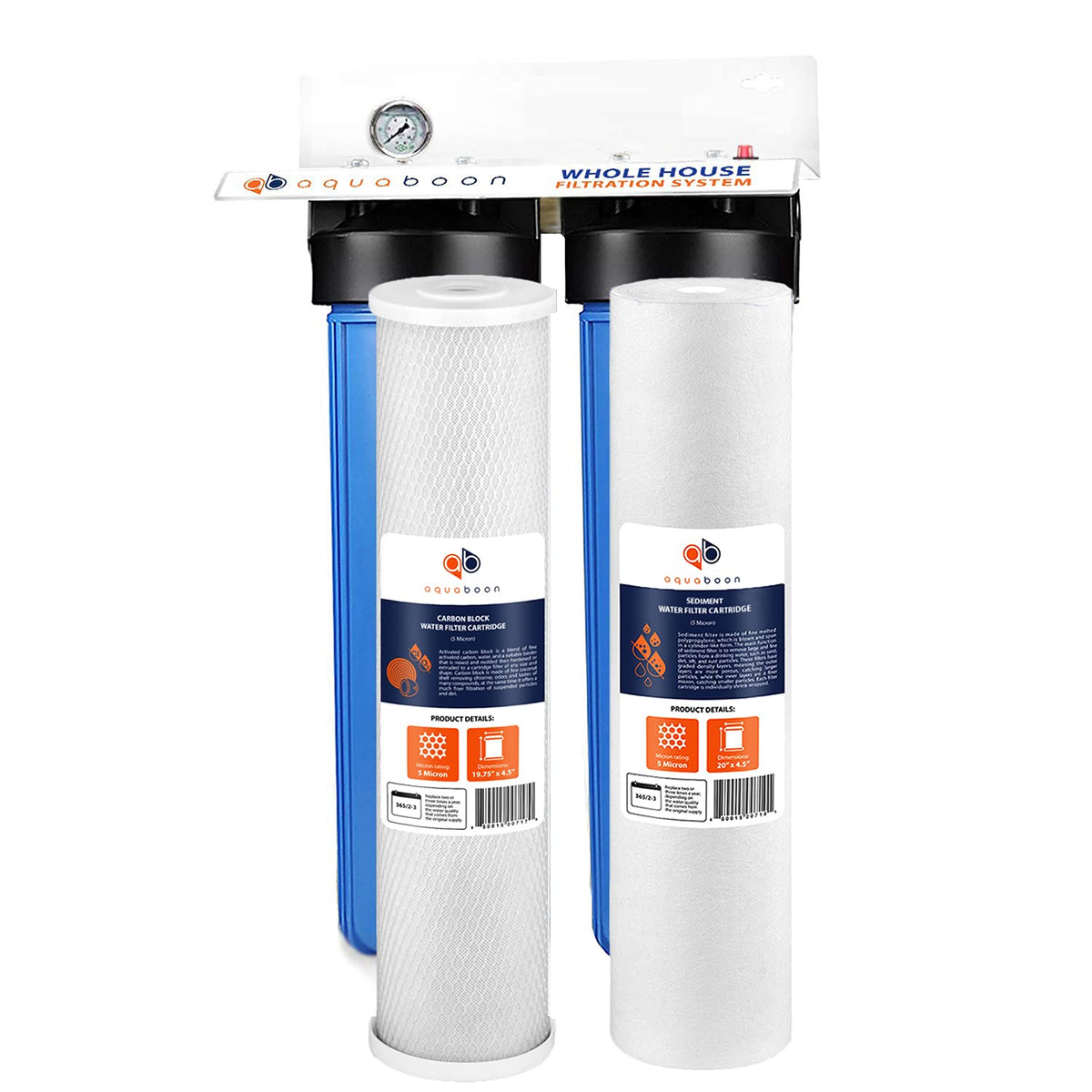 2-Stage 20 Whole House Filtration System with Housing Bracket, Pressure Gauges, Carbon Block, Sediment Filter Cartridges E832