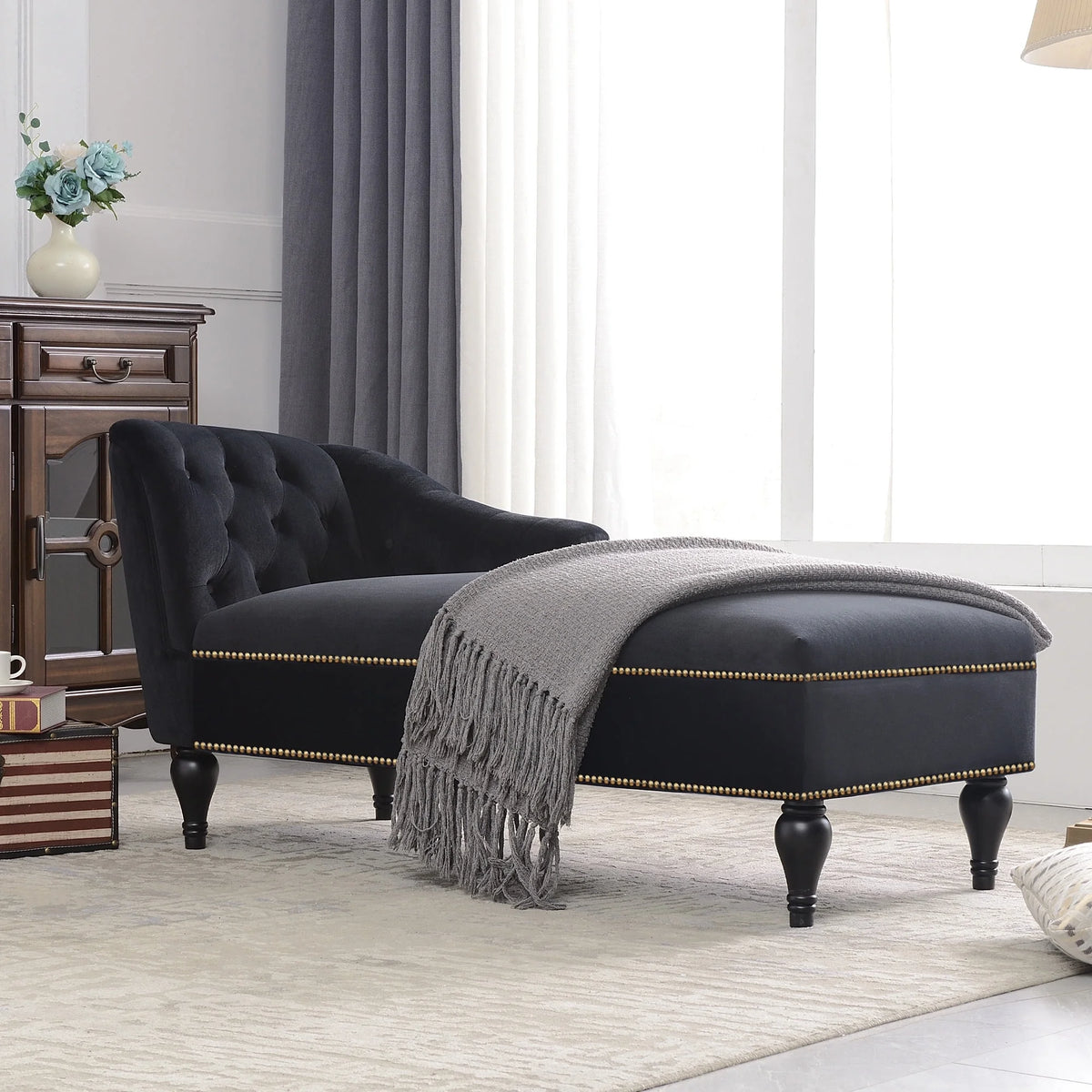 Black Velvet Button Tufted Chaise Lounge Z800