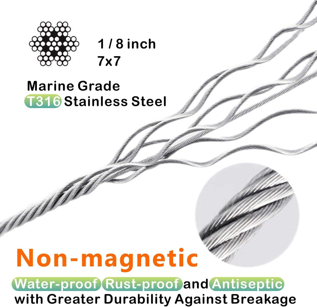 T316-Stainless Steel Aircraft Wire Rope for Cable Deck Railing Kit, Marine Grade (100ft) G94232