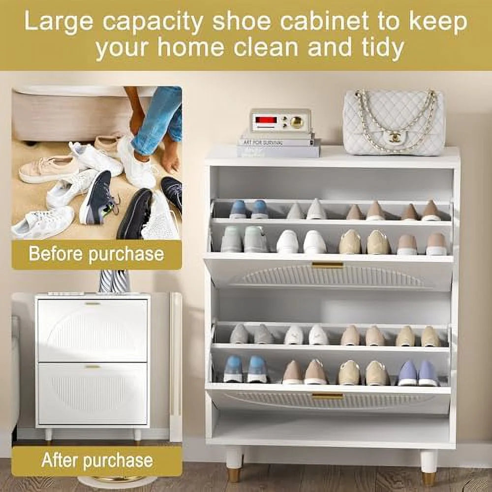 White Slim Narrow Shoe Cabinet with Doors 2 Flip Drawer O43575