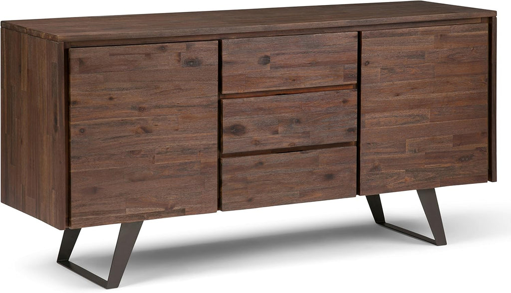 Rustic Natural Aged Brown Solid Acacia Wood and Metal Rectangle Sideboard Buffet with Storage Compartment and 3 Drawers Y9982