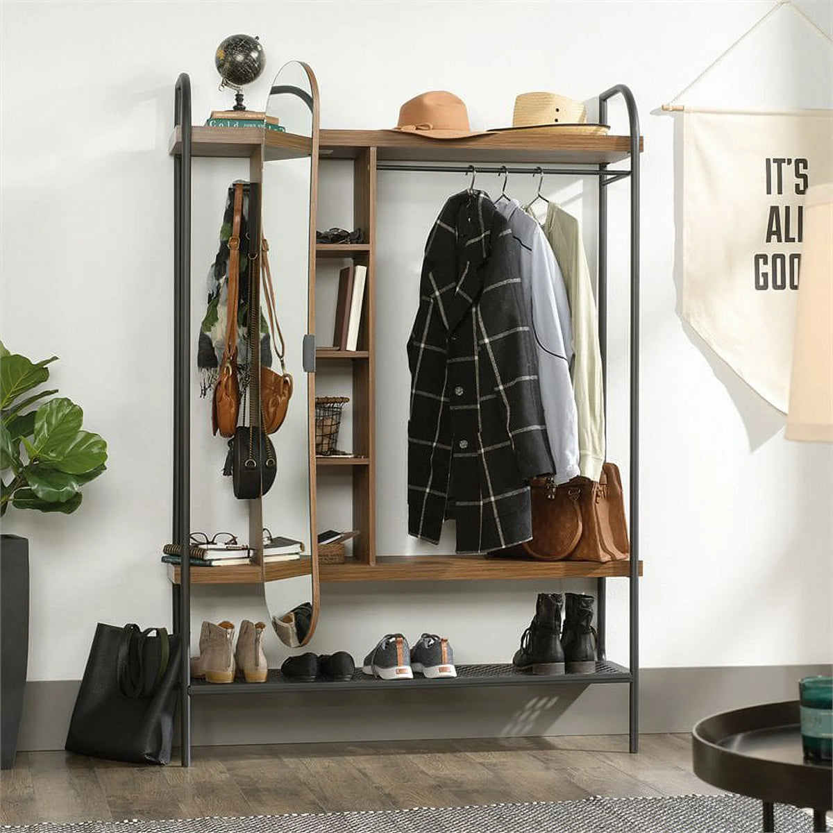 Modern Metal Hanging Wardrobe in Vintage Oak W9727