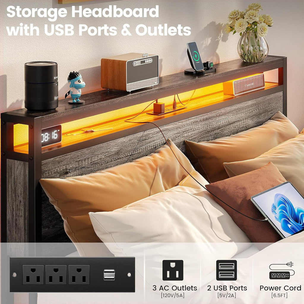 Black Oak Queen Size Bed Frame with 4 Storage Drawers O27514