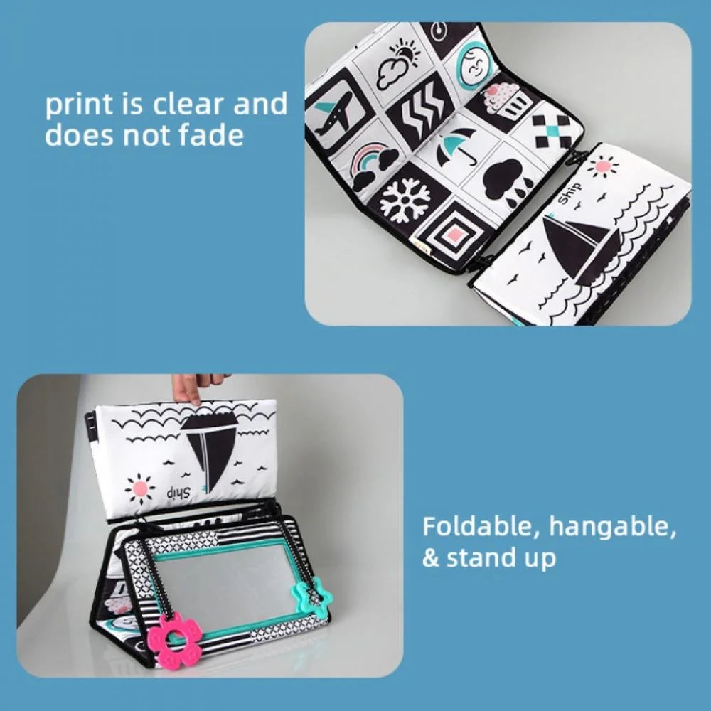 Tummy Time Floor Mirror with Crinkle Cloth Book and Teethers, High Contrast Black and White Baby Toys Y38661