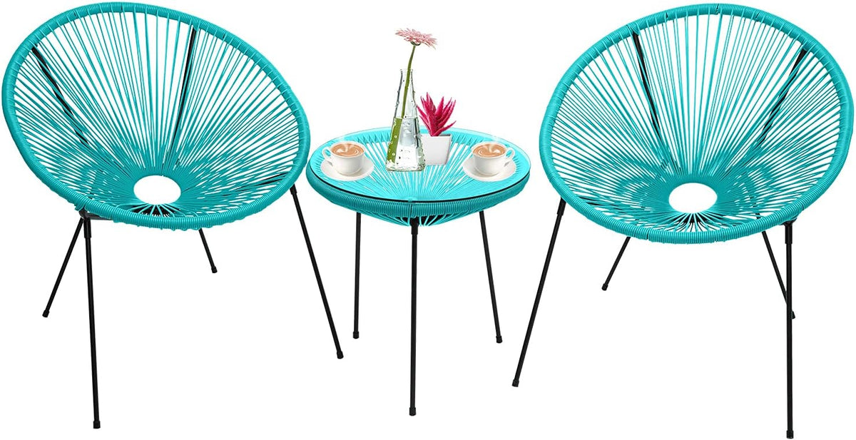 3-Piece Outdoor Acapulco Chair Patio Bistro Set with Glass Top Table (Blue) X653
