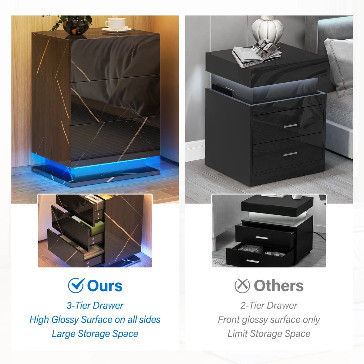 Set of 2 LED Nightstand with Drawer, Marble Black P847087