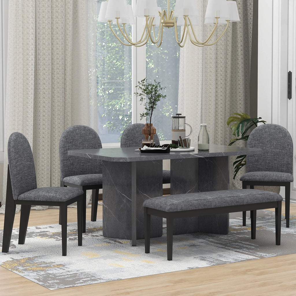 6-Piece Faux Marble Dining Set with 4 Chairs and 1 Bench V966115