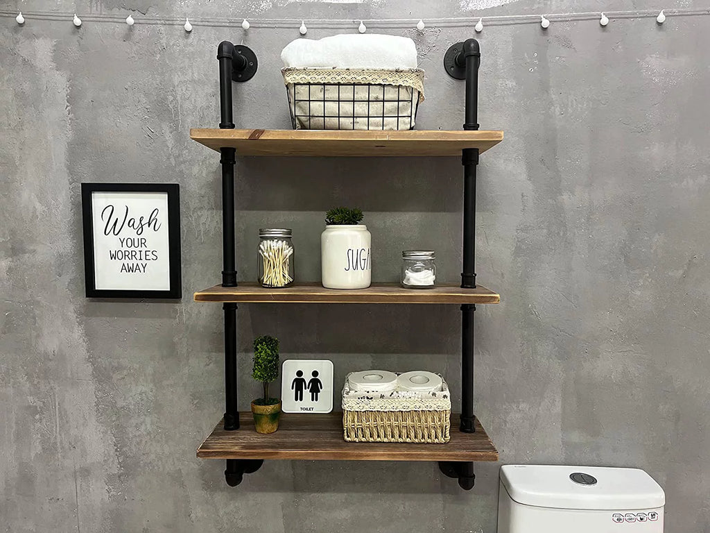 Industrial Pipe Real Wood Floating Wall Shelves 24 Inches B857
