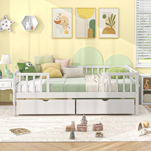 White Twin Wood Kids Bed with Storage Drawers X90657