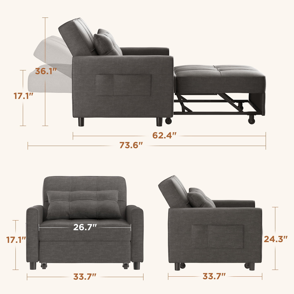 Light Gray Convertible Sofa Bed G19026