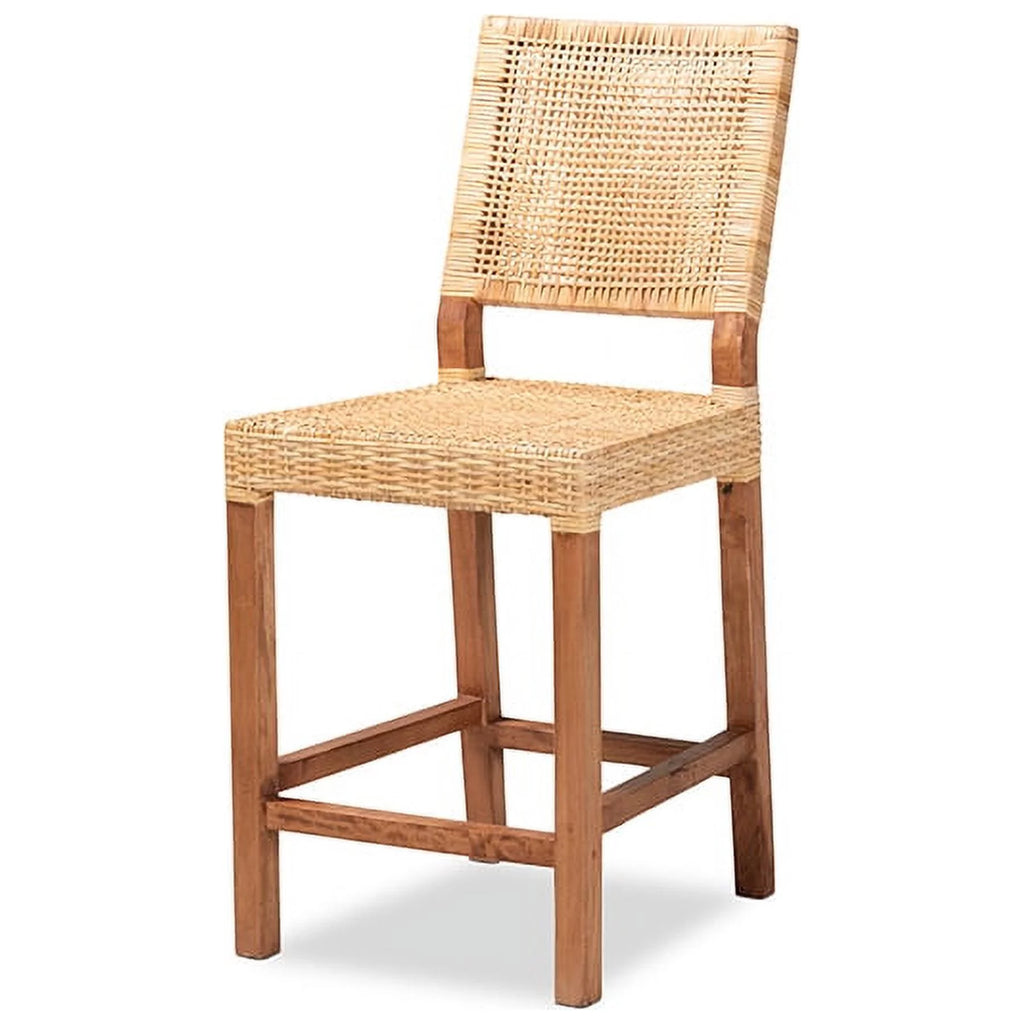 Natural Brown Rattan and Walnut Brown Wood Counter Stool N7743