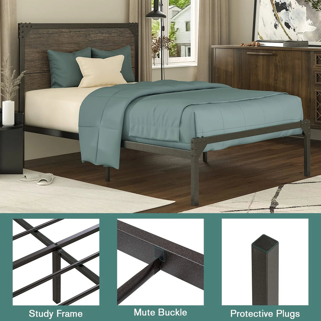 Twin Size Metal Platform Bed Frame with Wood Headboard X160776