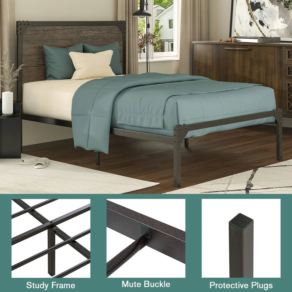 Twin Size Metal Platform Bed Frame with Wood Headboard X160776