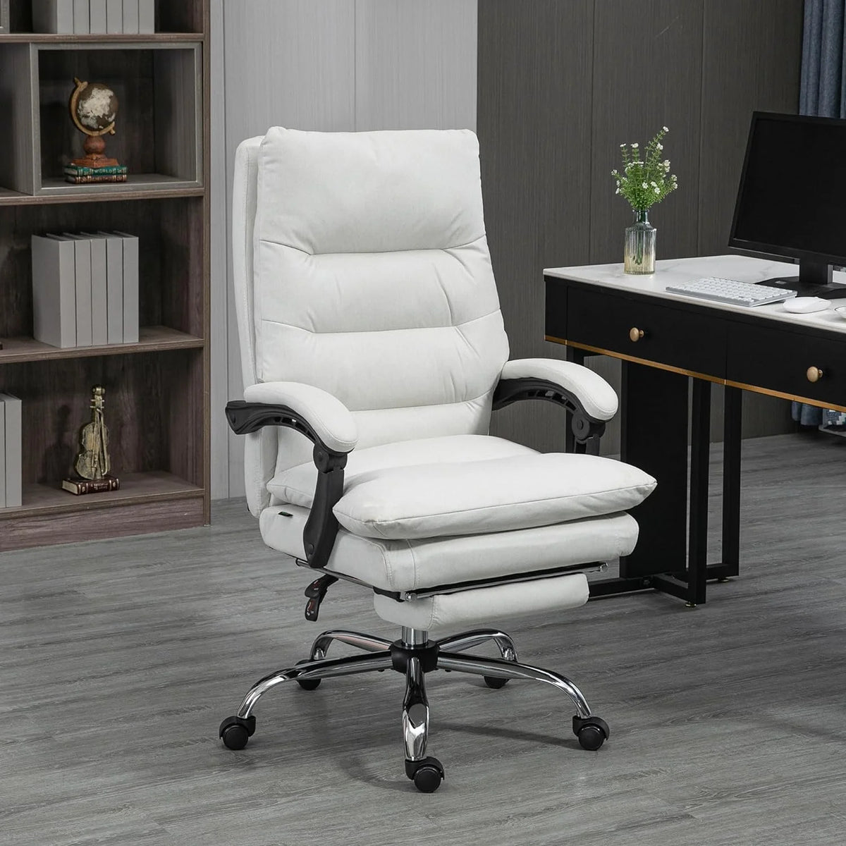 Cream White Microfibre Heated Reclining Massage Office Chair with Footrest C5181