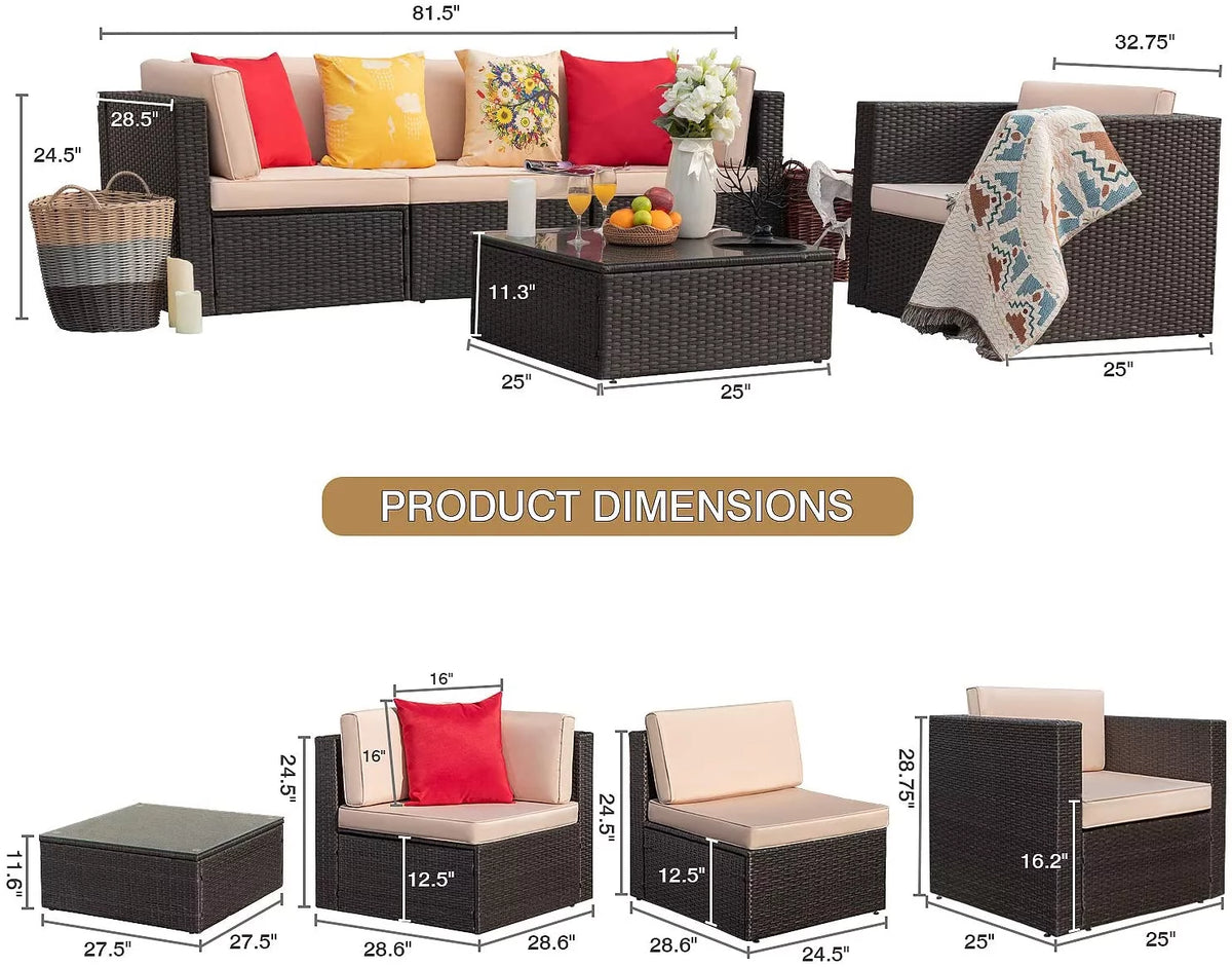 5 Pieces Patio Conversation Set Rattan Sectional Sofa with Glass Table Y703