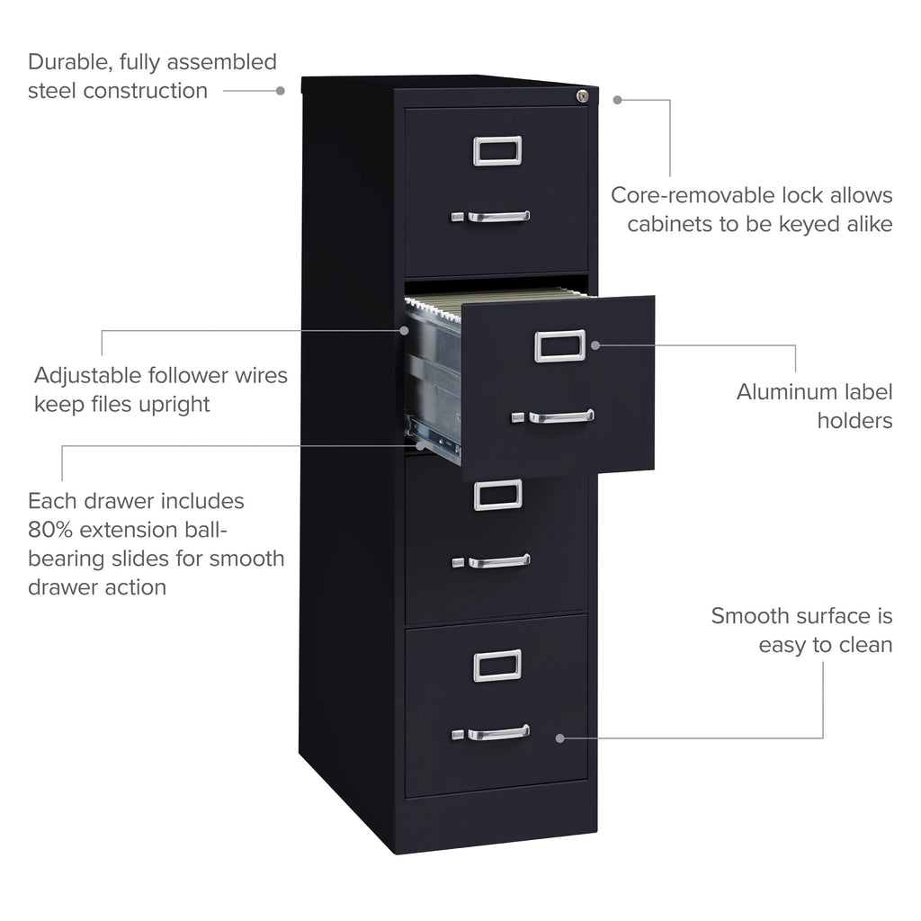 25" Deep 4 Drawer Letter Width Metal Vertical File Cabinet, Black J726880