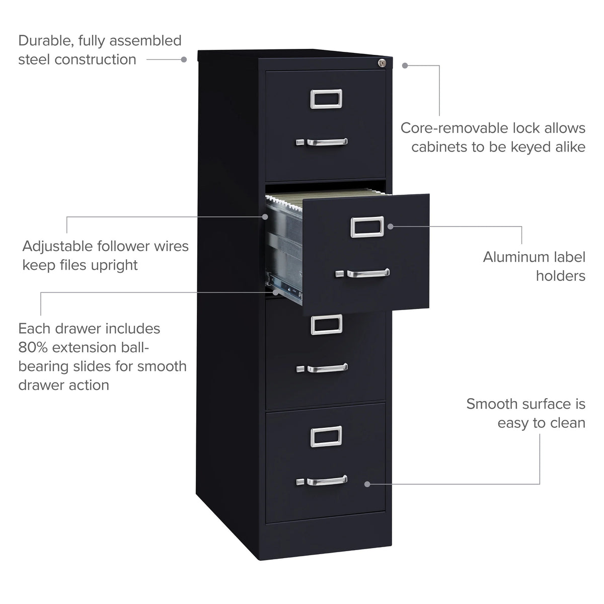 25" Deep 4 Drawer Letter Width Metal Vertical File Cabinet, Black J726880