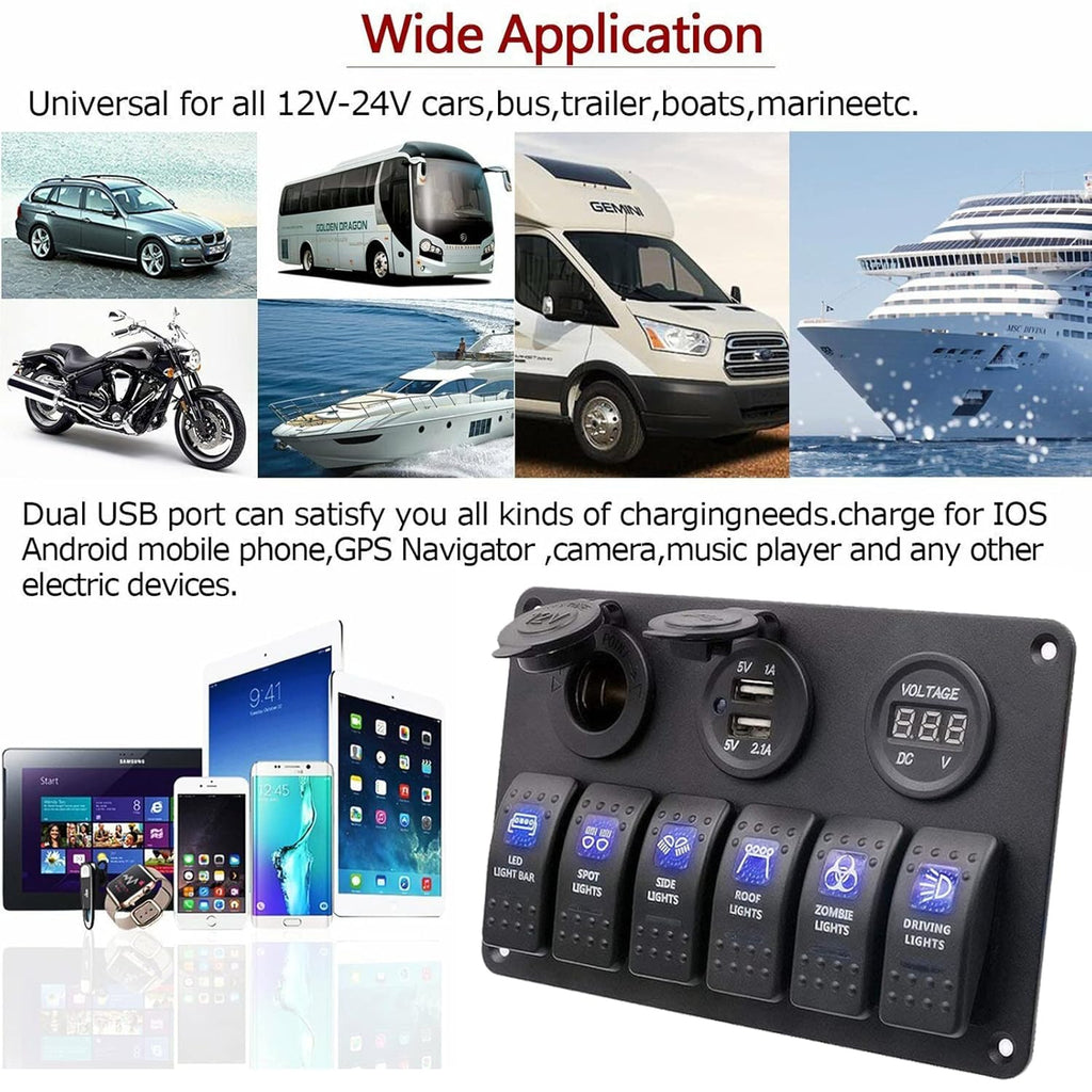 Waterproof Rocker Marine Switch Panel with USB, Blue LED, Pack of 2 G306