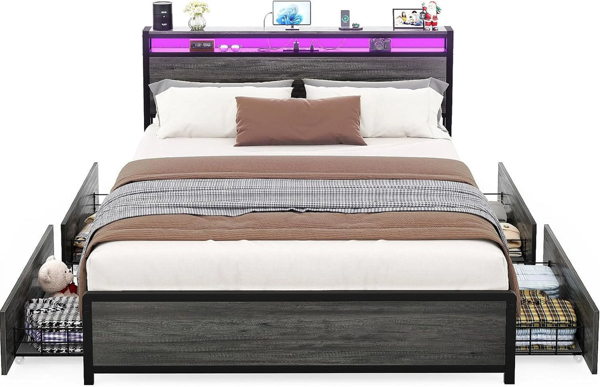 Black Oak Queen Size Bed Frame with 4 Storage Drawers O27514