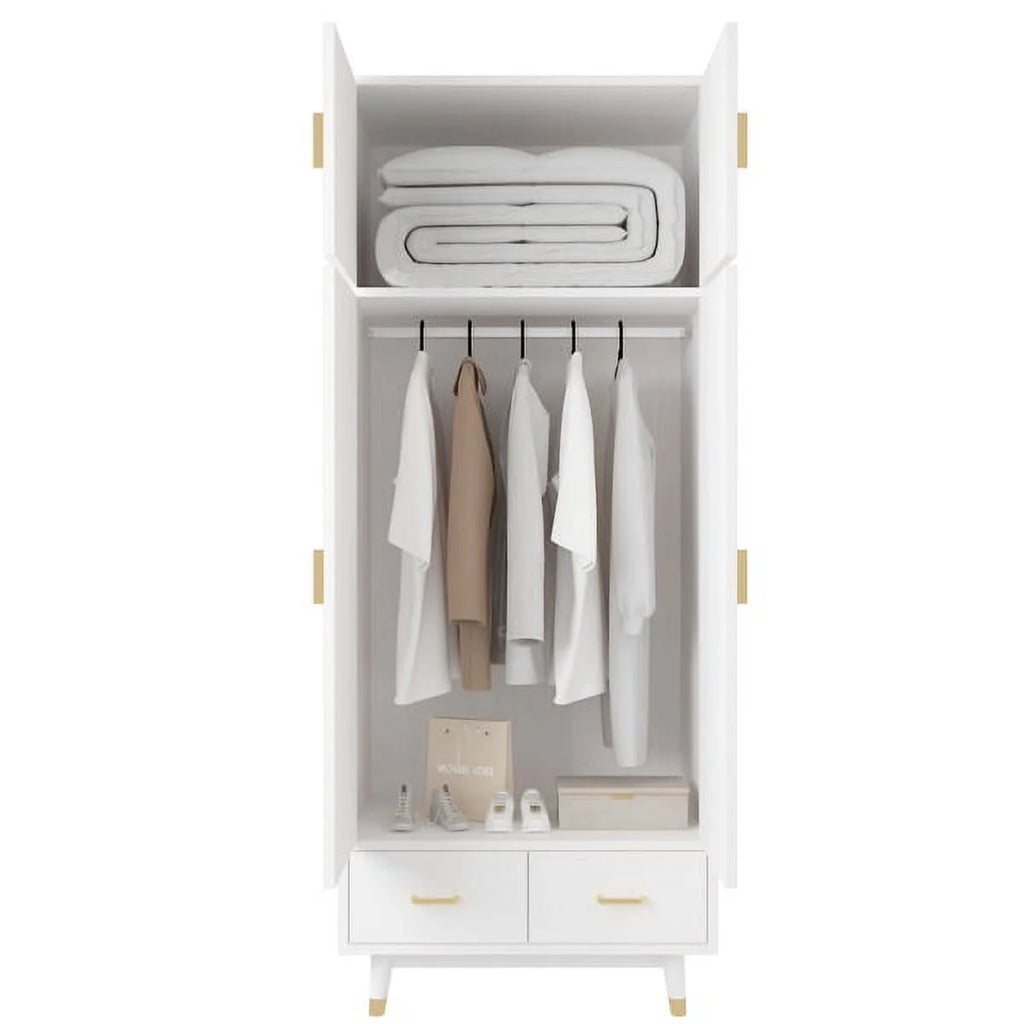 4 Door Wood Wardrobe with Clothing Rod and 2 Drawers, White C98267