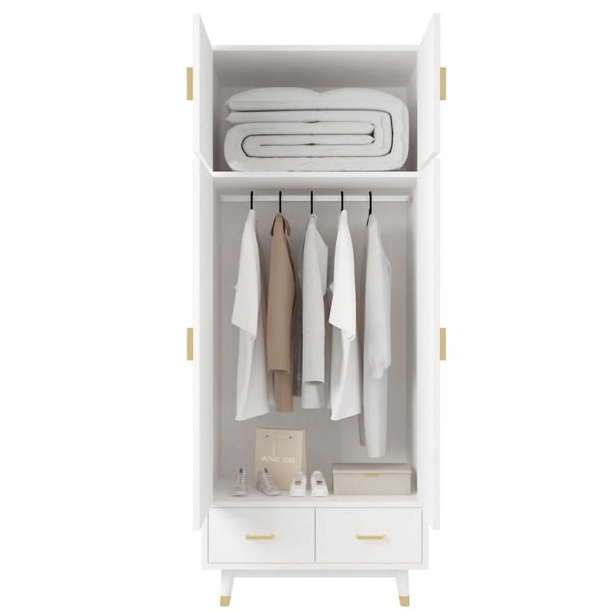 4 Door Wood Wardrobe with Clothing Rod and 2 Drawers, White C98267