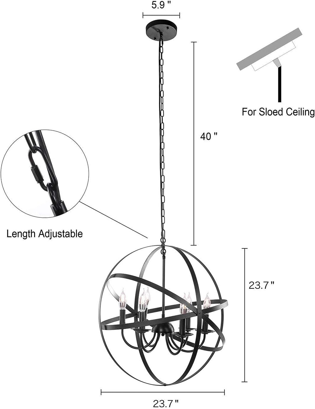 Black 6-Light Farmhouse Chandelier with Spherical Shade O438