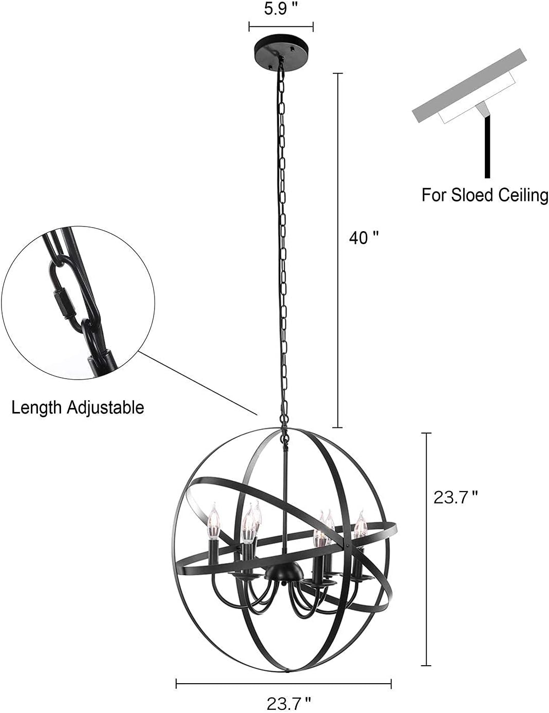 Black 6-Light Farmhouse Chandelier with Spherical Shade O438