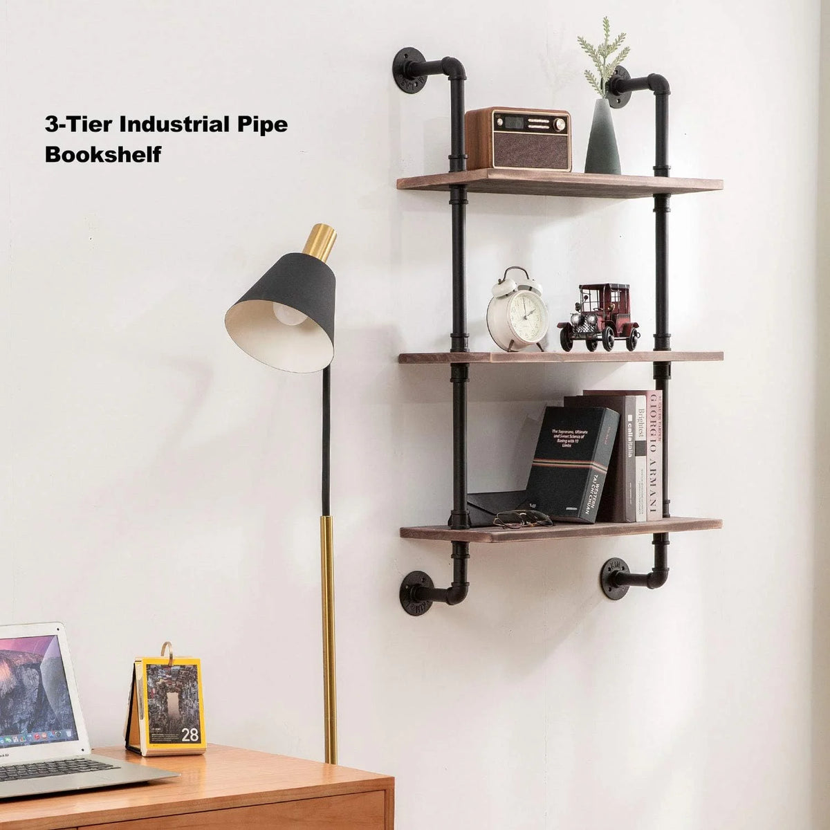 Industrial Pipe Real Wood Floating Wall Shelves 24 Inches B857
