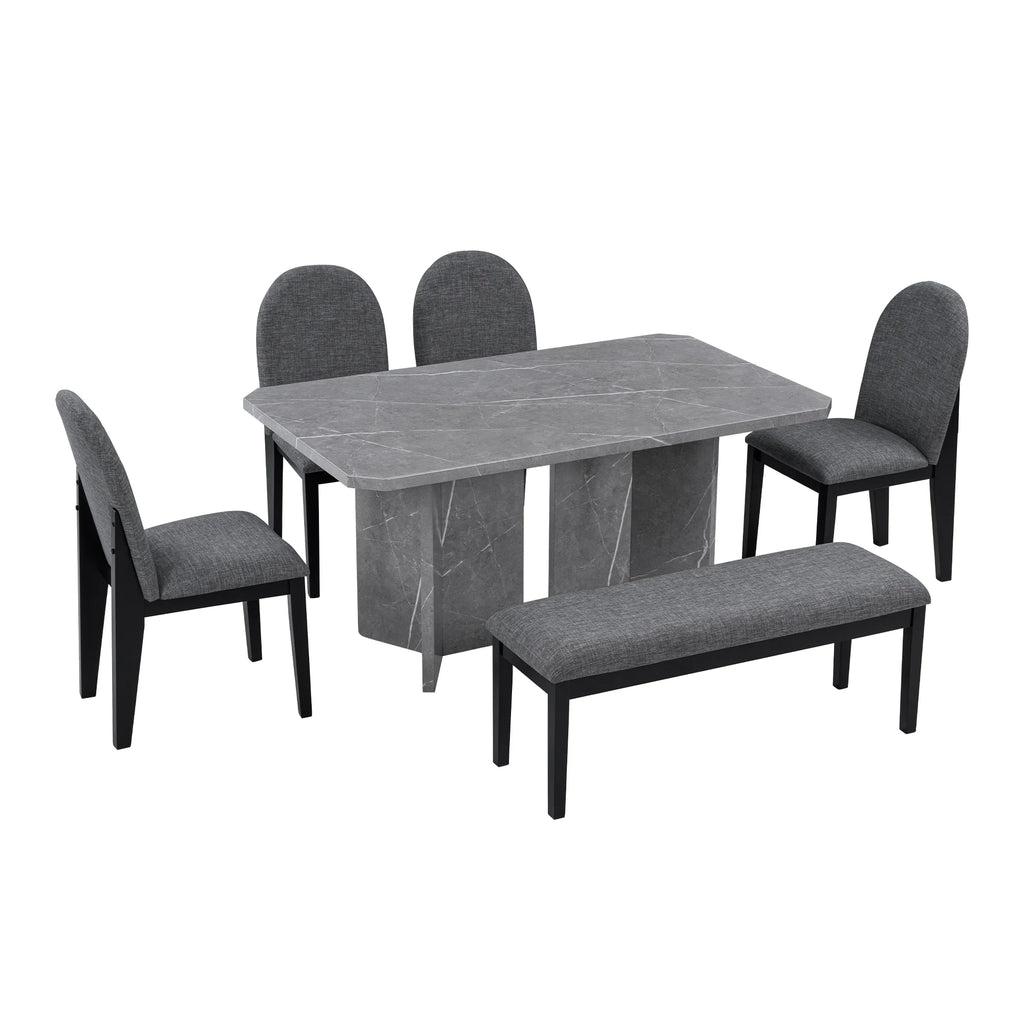 6-Piece Faux Marble Dining Set with 4 Chairs and 1 Bench V966115