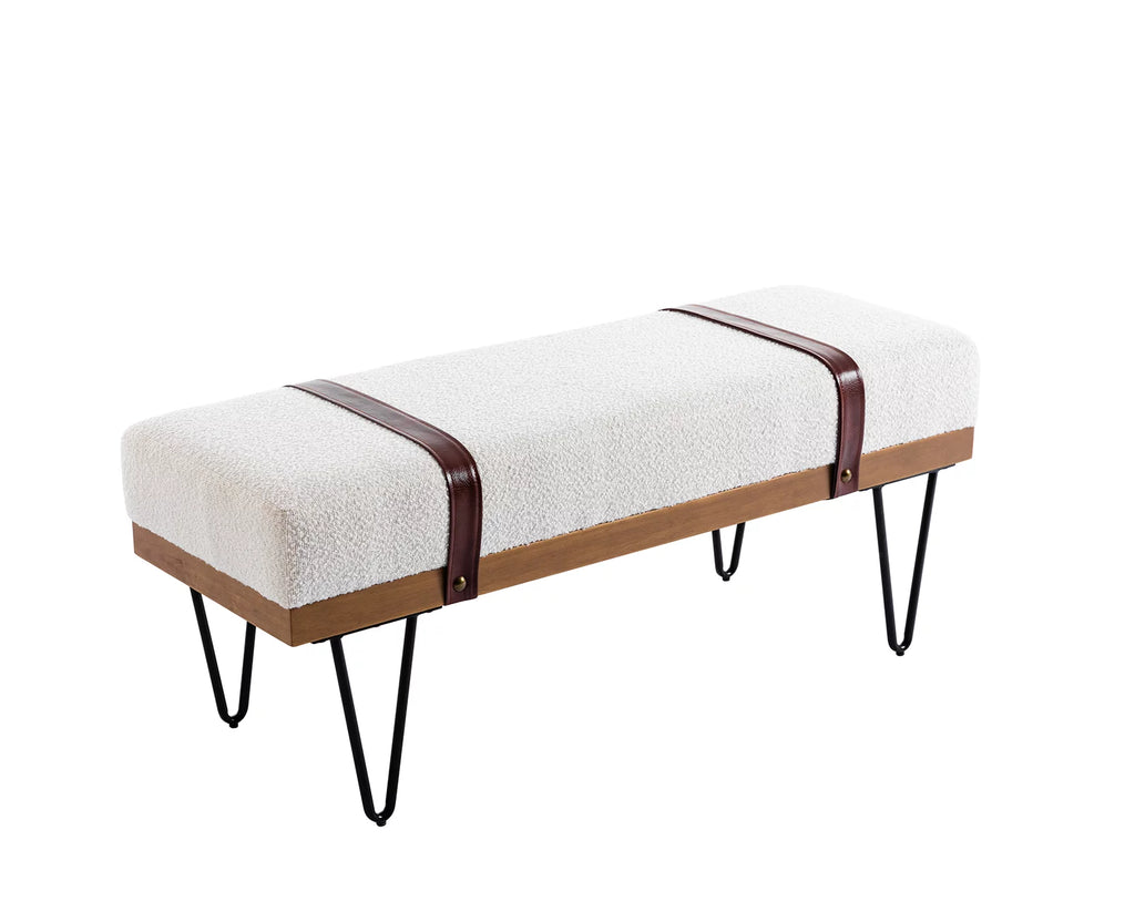 White Faux Fur Upholstered Ottoman Bench with Metal Legs E8972
