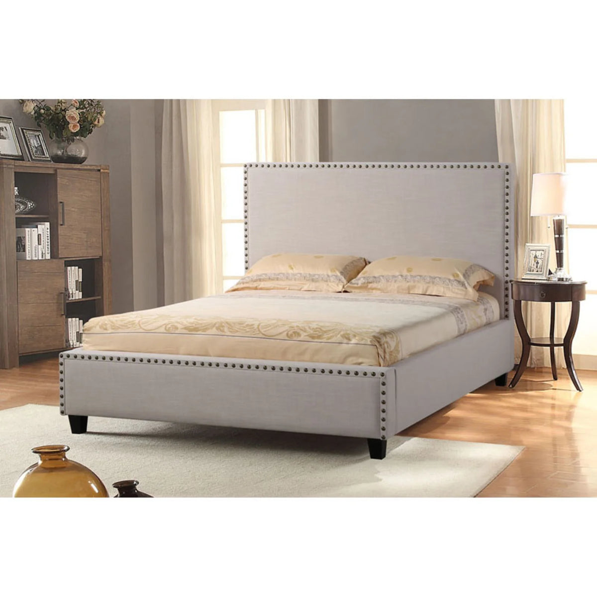 Desert Sand Linen Bed Frame with Nail Head Accent R763699