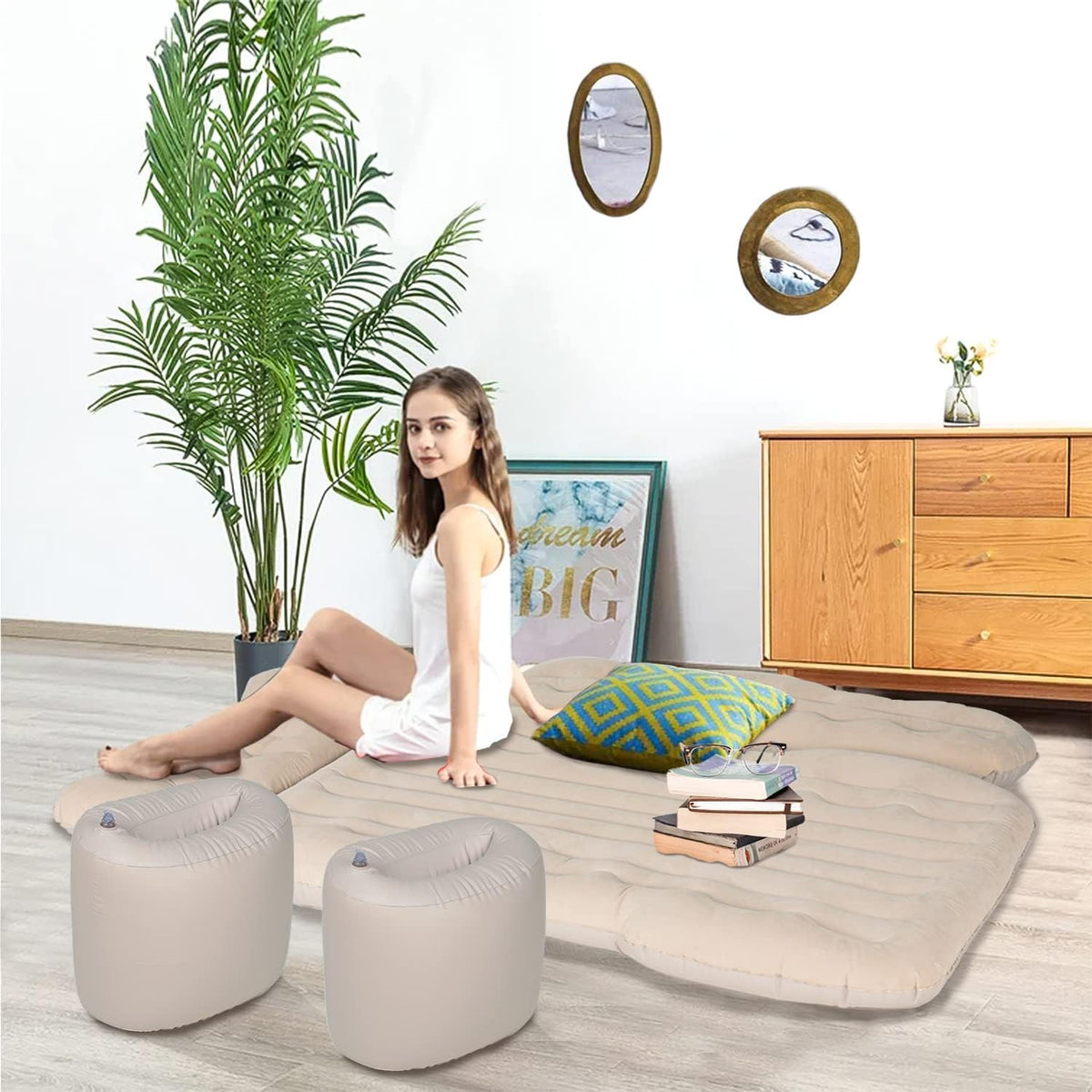 Beige Inflatable Car Air Mattress with Air Pump V685344