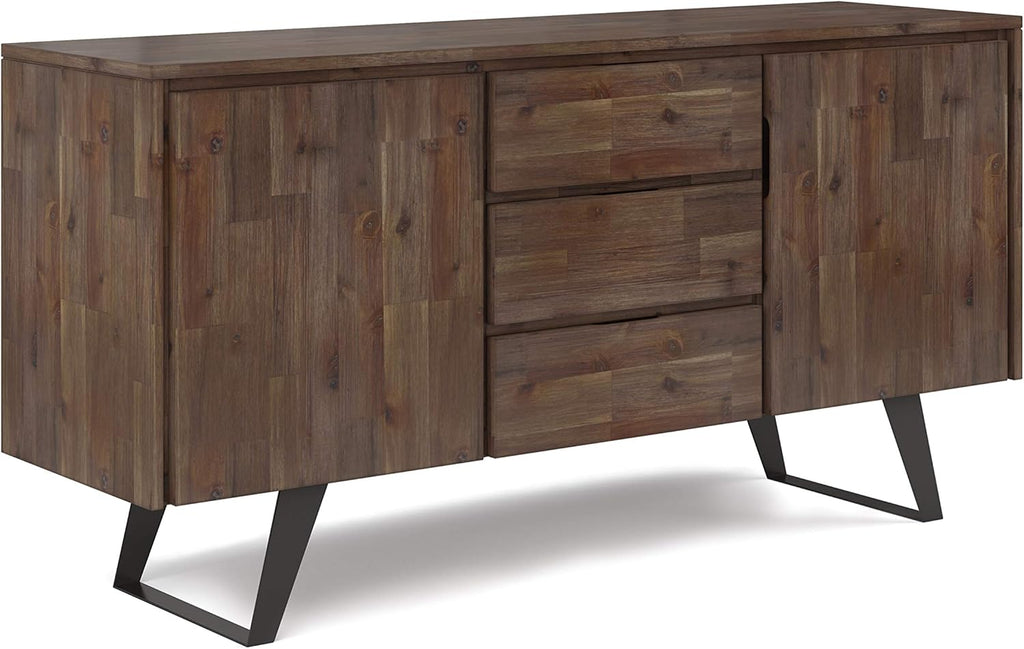 Rustic Natural Aged Brown Solid Acacia Wood and Metal Rectangle Sideboard Buffet with Storage Compartment and 3 Drawers Y9982