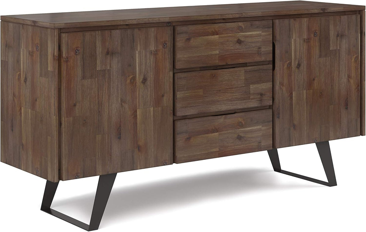 Rustic Natural Aged Brown Solid Acacia Wood and Metal Rectangle Sideboard Buffet with Storage Compartment and 3 Drawers Y9982